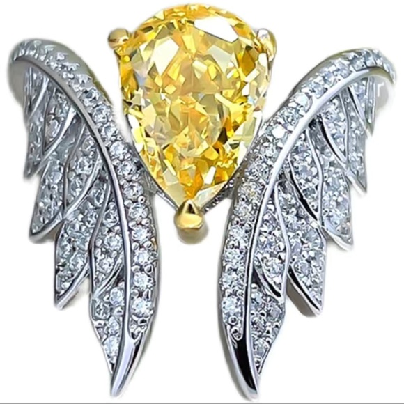 Yellow Zirconia & Simulated Diamond Angel Wings Glam, Luxury, Party Ring, Sz 6 - Picture 3 of 9